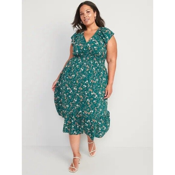 Old Navy Waist-Defined Flutter-Sleeve Smocked Floral Midi Dress Green 2X - Picture 1 of 12